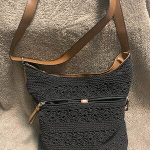 The Sak Crochet Woven Black Handbag Shoulder Bag Purse Medium